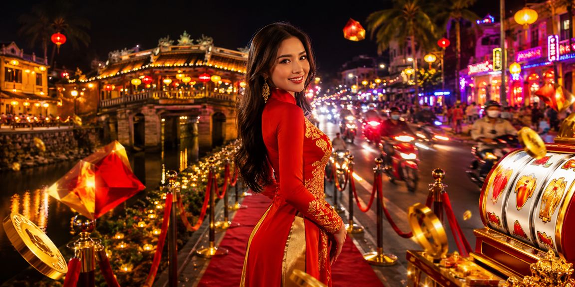 Người chơi slot game tại Hội An với trang phục áo dài truyền thống Việt Nam